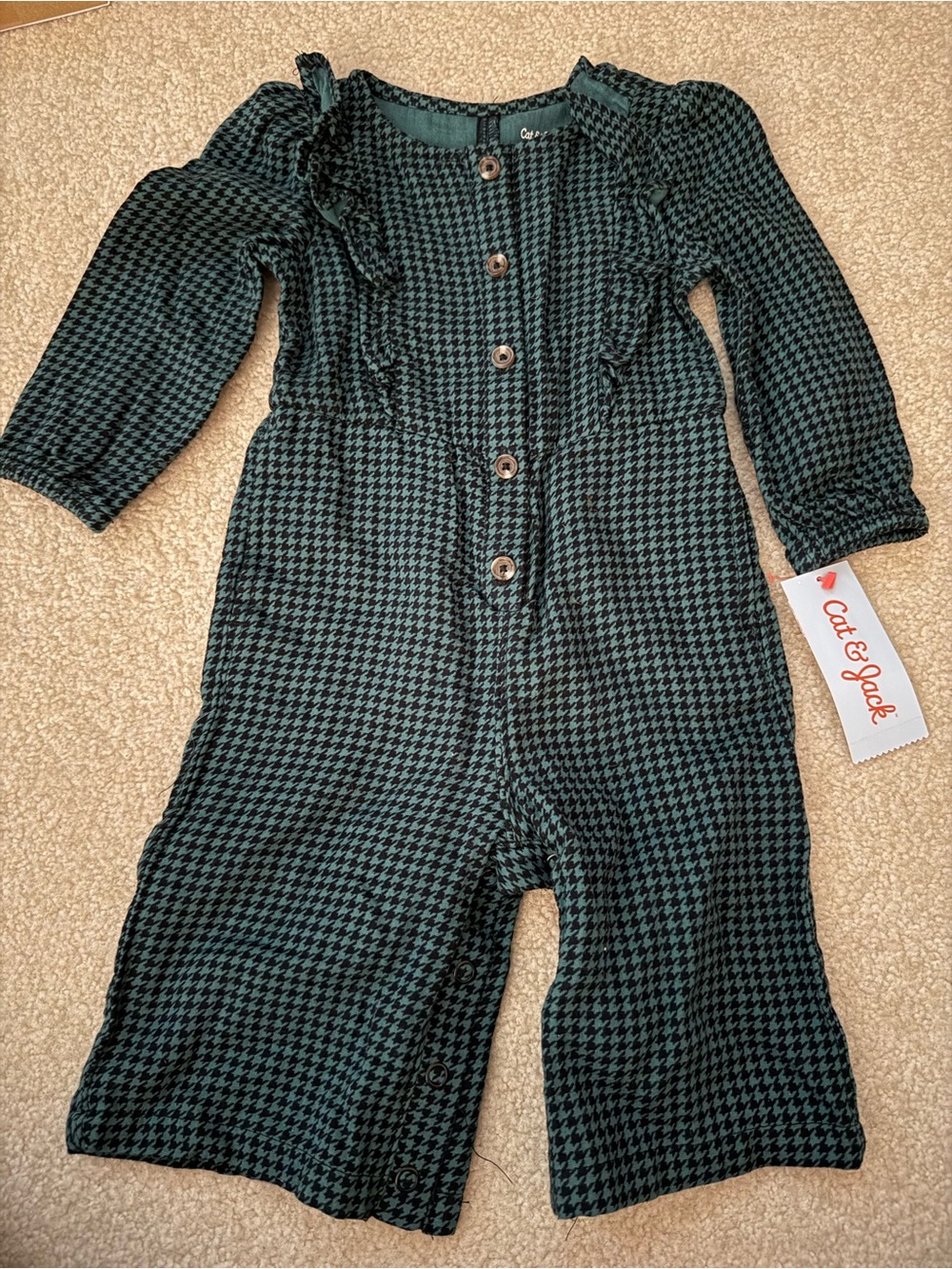 Cat & Jack Dark Green Houndstooth Girls' Long Sleeve One-Piece